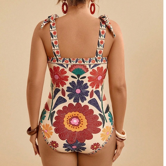 Plus Floral Print Shoulder Tie Multicolor One Piece Monokini Swimsuit - Picture 4 of 4